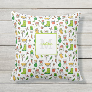 Gardening Tool Pattern Gardeners Monogram Initial Cushion