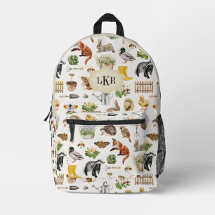 Gardening Tools & Animal Pattern 3-Letter Monogram Printed Backpack