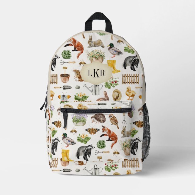 Gardening Tools & Animal Pattern 3-Letter Monogram Printed Backpack (Front)