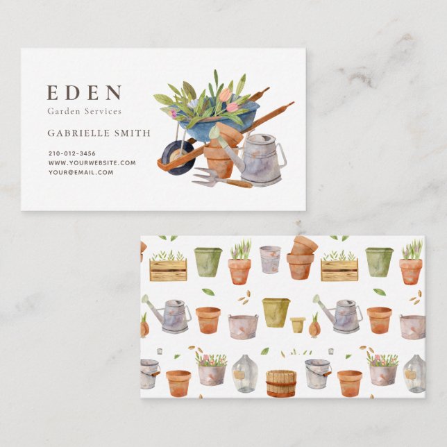 Gardening Tools Watercolor Business Card (Front/Back)