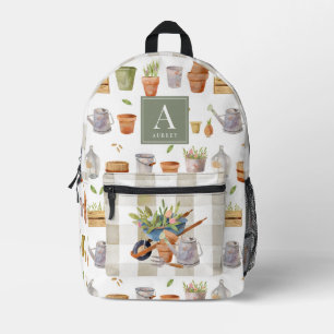 Gardening Tools Watercolor White Olive Gingham Printed Backpack
