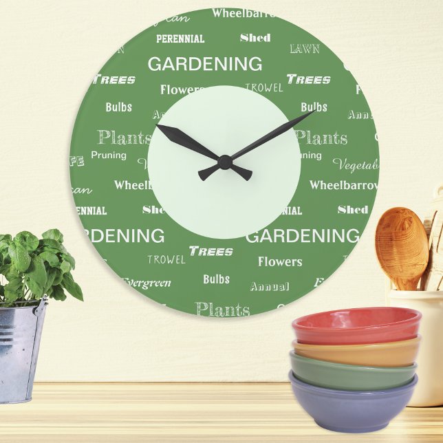 Gardening Words Garden Themed Patterned Green Large Clock (A stylish wall clock with gardening themed words in a repeat pattern, in white on green)