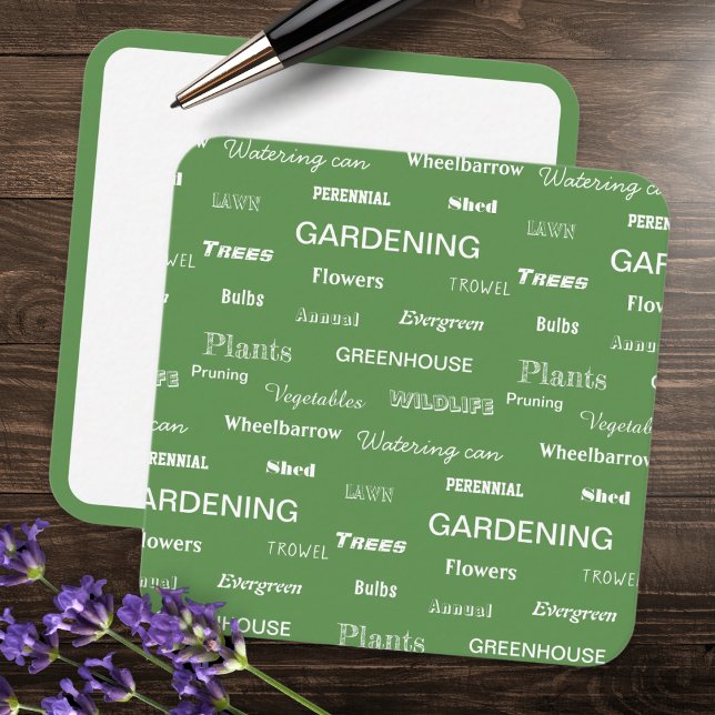 Gardening Words Pattern Stylish Green Garden Chic Card (A note card with gardening words on green background, and blank white with green border on reverse)