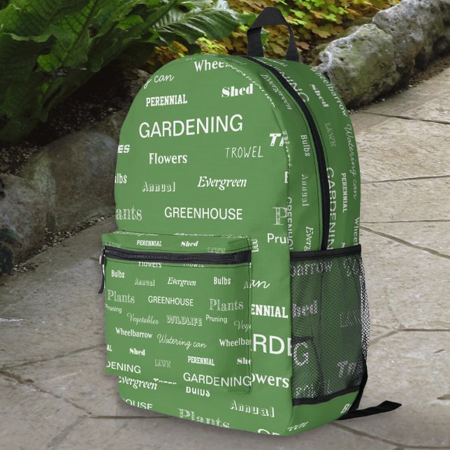 Gardening Words Patterned Green Garden Lover Printed Backpack (A green backpack decorated with gardening themed words, ideal for garden lovers)