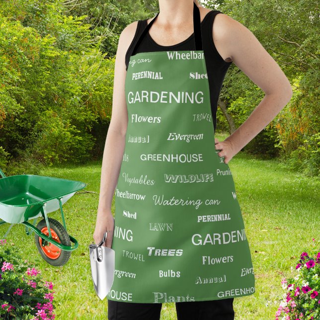 Gardening Words Patterned Stylish Green Garden Apron (A stylish apron for garden lovers, patterned with gardening related words on a green background)