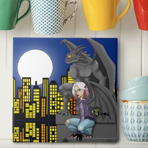 Gargoyle Urban Fantasy Cityscape Ceramic Tile