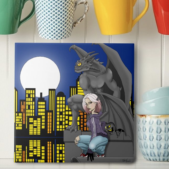 Gargoyle Urban Fantasy Cityscape Ceramic Tile (Creator Uploaded)