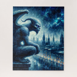 Gargoyle Watching Over Gothic City Blue Jigsaw Puzzle