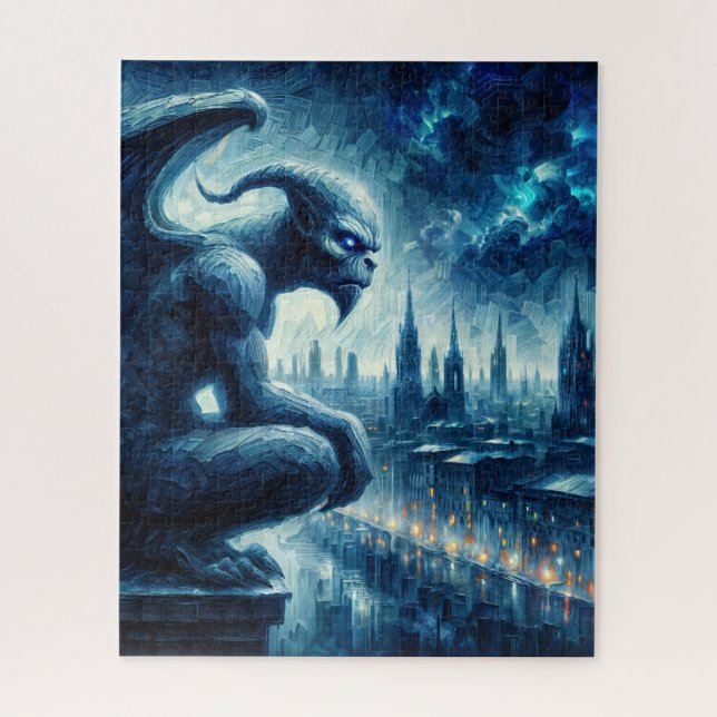 Gargoyle Watching Over Gothic City Blue Jigsaw Puzzle (Vertical)