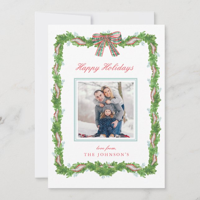 Garland Frame Ribbon Plaid Bow Christmas Photo Holiday Card (Front)
