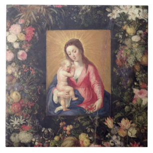 Garland of Fruit and Flowers with Virgin and Child Tile