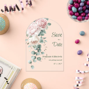 Garland pink peonies eucalyptus leaf Save the Date Acrylic Invitations