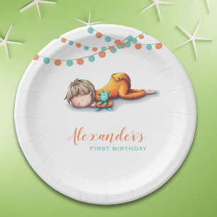 Garland Sleeping Boy Illustration First Birthday Paper Plate