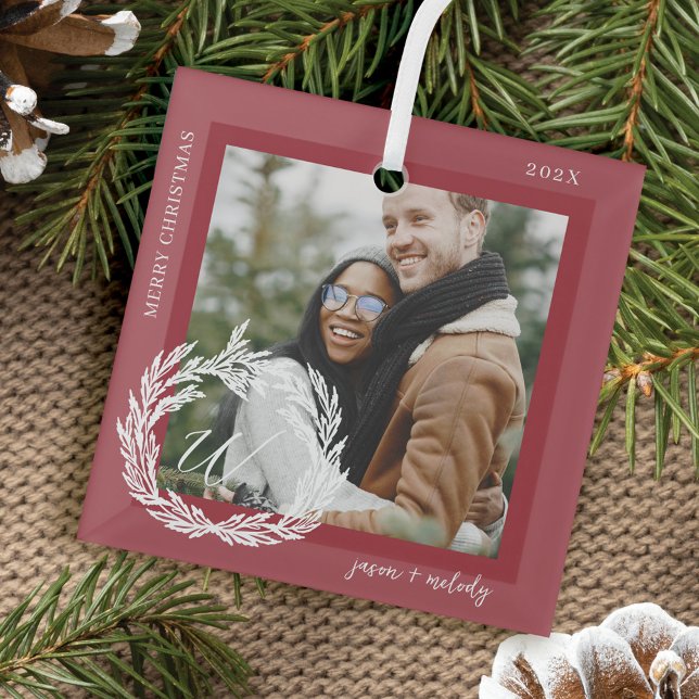 Garland Wreath Couple Monogram Photo Christmas Glass Tree Decoration (Garland Wreath Couple Monogram Photo Christmas Glass Ornament)