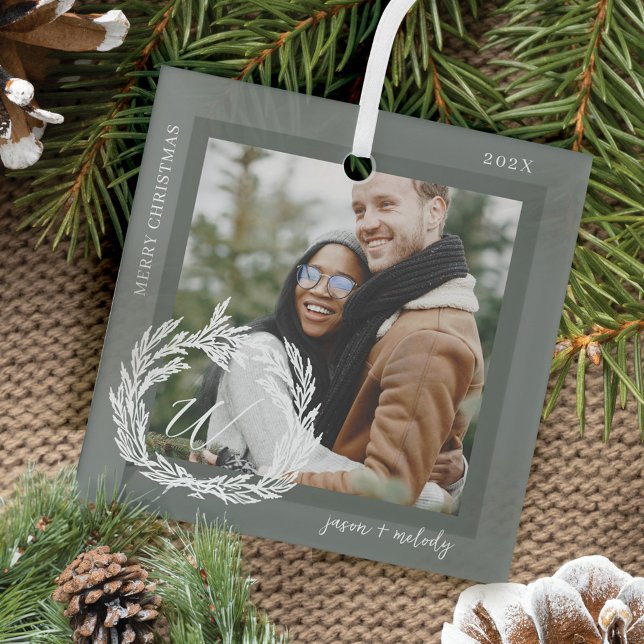 Garland Wreath Couple Monogram Photo Christmas Glass Tree Decoration (Garland Wreath Couple Monogram Photo Christmas Glass Ornament)