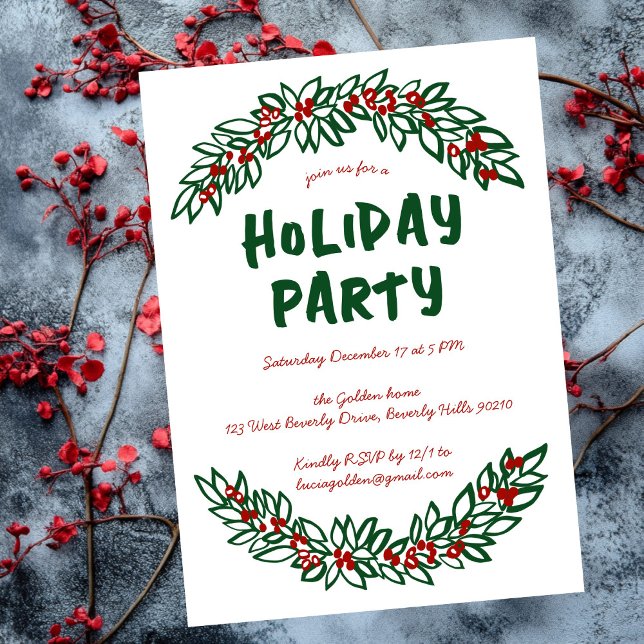 Garland Wreath Holiday Christmas Party CUSTOM  Invitation (Garland Wreath Holiday Christmas Party CUSTOM Line Art Minimal Simple Doodle Invitation
)