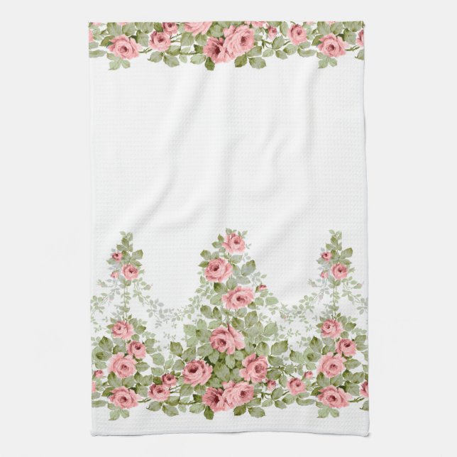 Garlands of Elegant Pink Victorian Roses Tea Towel (Vertical)