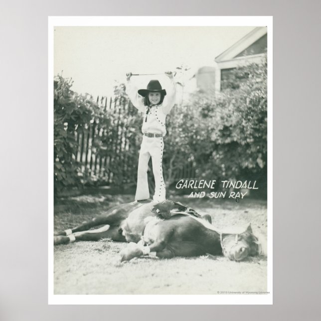 Garlene Tindall standing on a trick horse. Poster (Front)