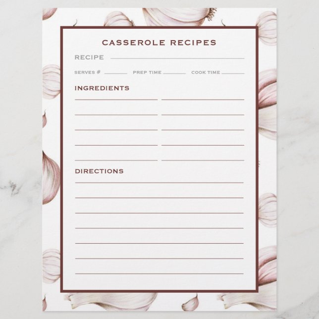 Garlic | Simple White | Casserole Recipe Page (Front)