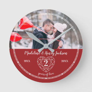 Garnet 2nd Wedding Anniversary outline heart red Round Clock
