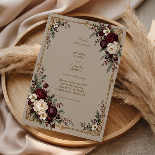 Garnet Blooms Enrich Golden Filigree Invitation