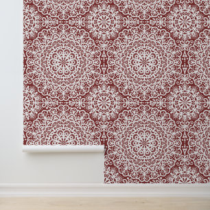Garnet Burgundy Bohemian Mandala White Lace Wallpaper