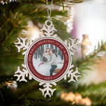 Garnet | First Married Christmas Photo Snowflake Pewter Christmas Ornament<br><div class="desc">A perfect gift for newlyweds, this elegant snowflake shaped Christmas ornament features a favourite photo encircled by a festive garnet red border. "Our first Christmas as Mr. & Mrs." curves over the top of your photo in ivory lettering, with the year beneath. Customise with a wedding photo to create a...</div>