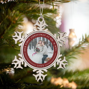 Garnet First Married Christmas Photo Snowflake Pewter Christmas Ornament