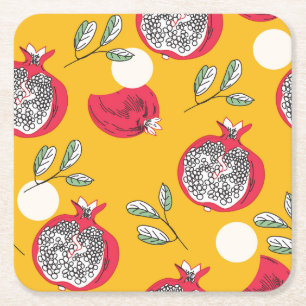 Garnet Fruit: Hand-Drawn Vintage Pattern. Square Paper Coaster