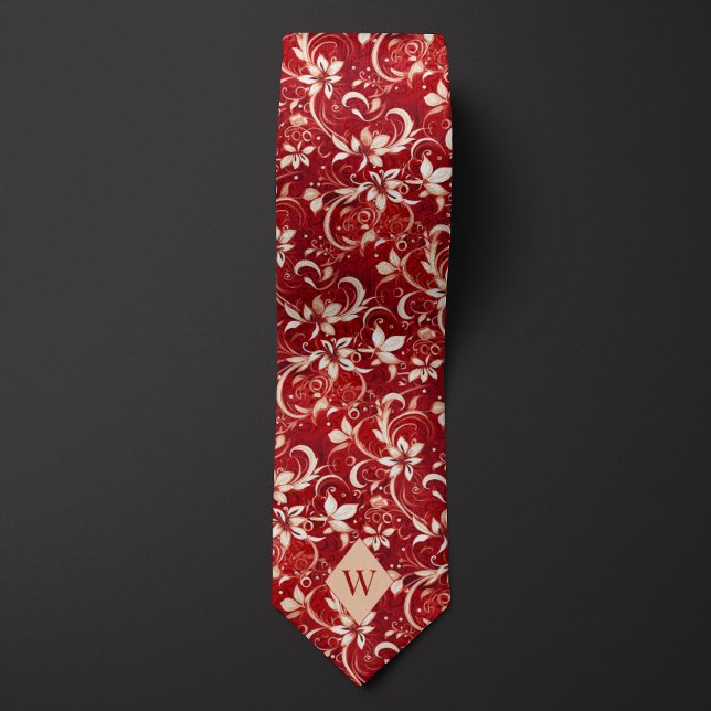 Garnet Red and Cream Monogram Tie (Creator Uploaded)