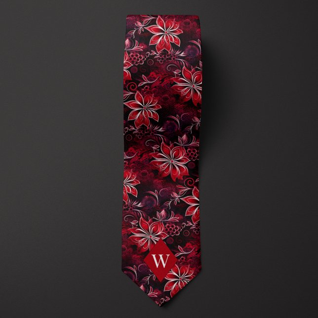 Garnet Red Floral Monogram Tie (Creator Uploaded)