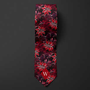 Garnet Red Floral Monogram Tie