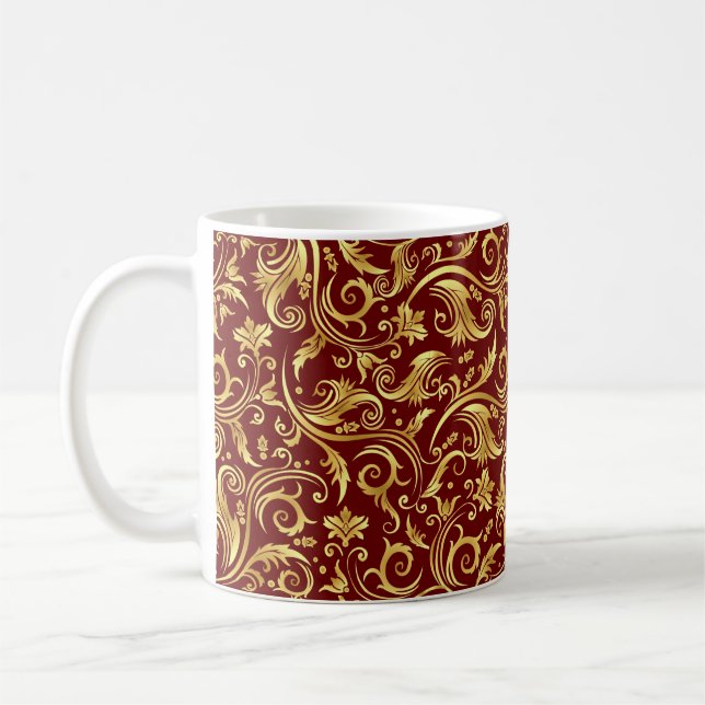 Garnet Red Golden Scrollwork Coffee Mug (Left)