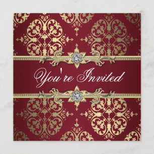 Garnet Ruby Red Gold Black Damask Party Invitation
