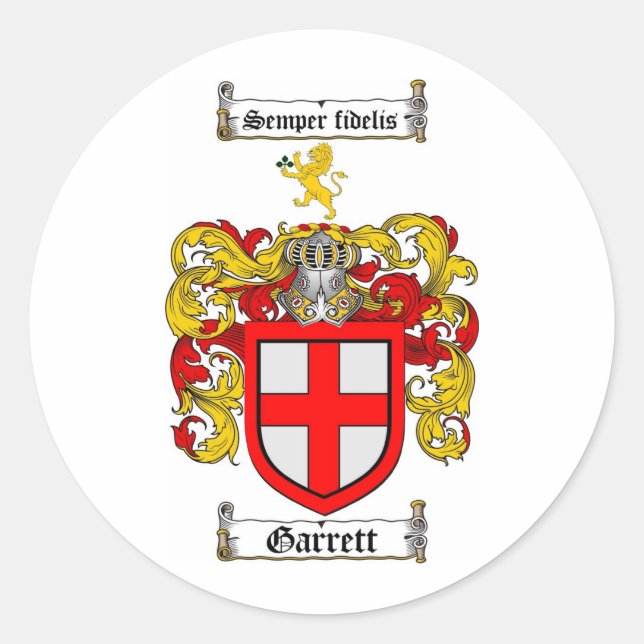 GARRETT FAMILY CREST -  GARRETT COAT OF ARMS CLASSIC ROUND STICKER (Front)