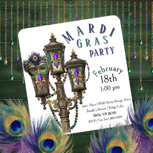 Gas Lamp   Mardi Gras Beads   Masquerade  Invitation