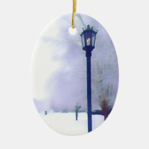 Gas lamp on snowy street ceramic ornament