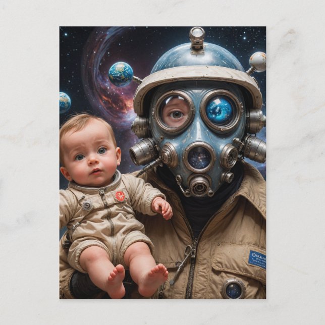 Gas Mask Alien with Baby in Space Postcard (Front)