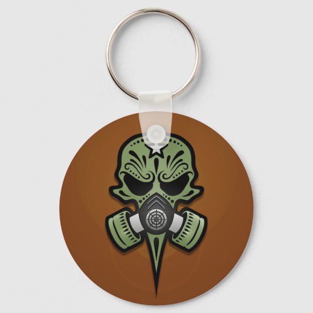Gas Mask Sugar Skull, Green Key Ring (Front)