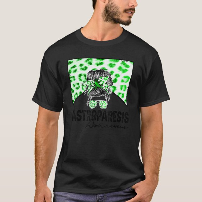 Gastroparesis Western Cowhide Messy Bun Green Ribb T-Shirt (Front)