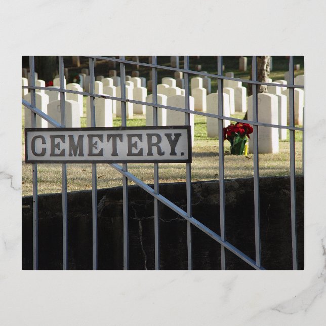 gate stone markers graves national cemetery fallen foil holiday postcard (Front)