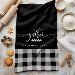 Gather Fall Black & White Buffalo Check Tea Towel<br><div class="desc">Add a touch of warmth and charm to your kitchen with this Gather Fall Black & White Buffalo Check Kitchen Towel. Featuring a classic buffalo plaid pattern with the word "gather" and a customisable family name, this kitchen towel is perfect for creating a cosy and inviting feel for your home...</div>