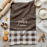 Gather Fall Brown & White Buffalo Check Tea Towel<br><div class="desc">Add a touch of warmth and charm to your kitchen with this Gather Fall Brown & White Buffalo Check Kitchen Towel. Featuring a classic buffalo plaid pattern with the word "gather" and a customisable family name, this kitchen towel is perfect for creating a cosy and inviting feel for your home...</div>