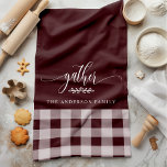 Gather Fall Burgundy & White Buffalo Check Tea Towel<br><div class="desc">Add a touch of warmth and charm to your kitchen with this Gather Fall Burgundy & White Buffalo Check Kitchen Towel. Featuring a classic buffalo plaid pattern with the word "gather" and a customisable family name, this kitchen towel is perfect for creating a cosy and inviting feel for your home...</div>