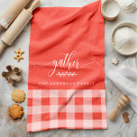 Gather Fall Coral & White Buffalo Check Tea Towel<br><div class="desc">Add a touch of warmth and charm to your kitchen with this Gather Fall Coral & White Buffalo Check Kitchen Towel. Featuring a classic buffalo plaid pattern with the word "gather" and a customisable family name, this kitchen towel is perfect for creating a cosy and inviting feel for your home...</div>