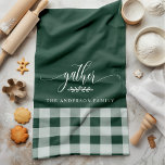 Gather Fall Green & White Buffalo Check Tea Towel<br><div class="desc">Add a touch of warmth and charm to your kitchen with this Gather Fall Green & White Buffalo Check Kitchen Towel. Featuring a classic buffalo plaid pattern with the word "gather" and a customisable family name, this kitchen towel is perfect for creating a cosy and inviting feel for your home...</div>