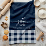 Gather Fall Navy & White Buffalo Check Tea Towel<br><div class="desc">Add a touch of warmth and charm to your kitchen with this Gather Fall Navy & White Buffalo Check Kitchen Towel. Featuring a classic buffalo plaid pattern with the word "gather" and a customisable family name, this kitchen towel is perfect for creating a cosy and inviting feel for your home...</div>