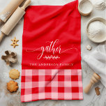 Gather Fall Red & White Buffalo Check Tea Towel<br><div class="desc">Add a touch of warmth and charm to your kitchen with this Gather Fall Red & White Buffalo Check Kitchen Towel. Featuring a classic buffalo plaid pattern with the word "gather" and a customisable family name, this kitchen towel is perfect for creating a cosy and inviting feel for your home...</div>