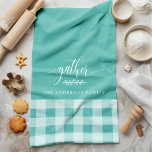 Gather Fall Teal & White Buffalo Check Tea Towel<br><div class="desc">Add a touch of warmth and charm to your kitchen with this Gather Fall Teal & White Buffalo Check Kitchen Towel. Featuring a classic buffalo plaid pattern with the word "gather" and a customisable family name, this kitchen towel is perfect for creating a cosy and inviting feel for your home...</div>