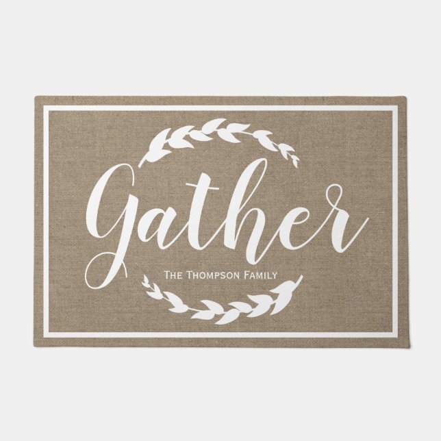 Gather Farmhouse Laurels Faux Burlap | Family Name Doormat (Front)